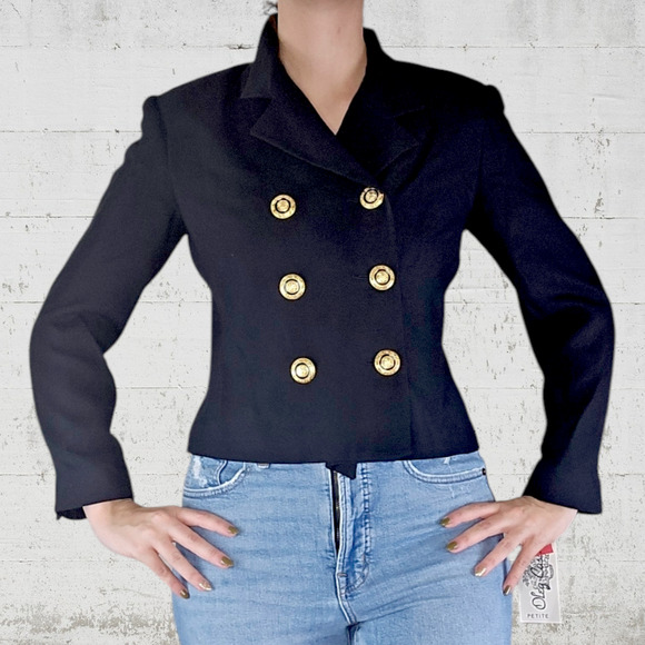 80s Vintage Black Double Breasted Deadstock Oleg Cassini Cropped Blazer Size 8 - Picture 11 of 11